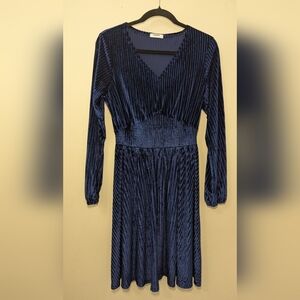 Zeagoo Ribbed Velvet Dress Blue Long Sleeve Shirred Waist Women's Size S